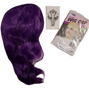 Deluxe Wig Cap Wavy Synthetic Superior Quality 2 Pieces 14" Purple NWT